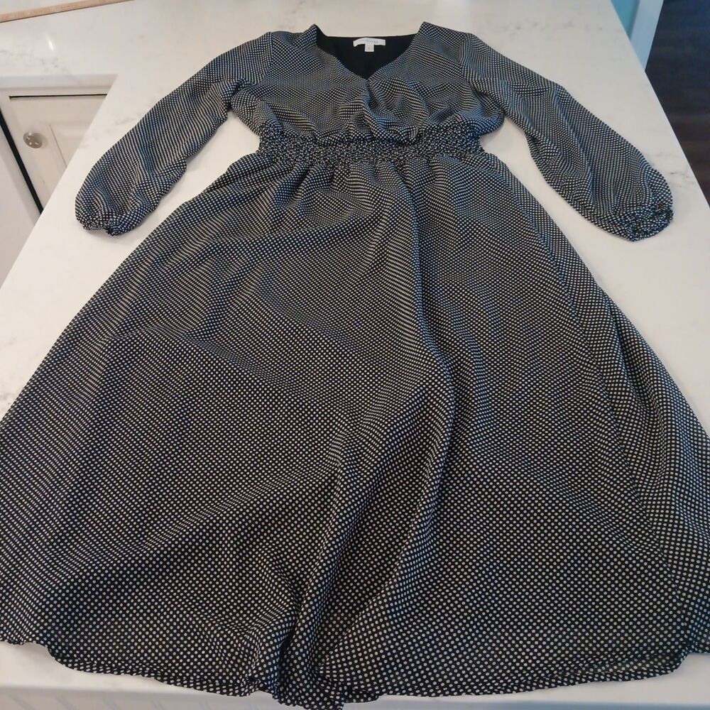 Popsugar Large Long Sleeve Black & White Polka Dot Romantic Dress Stretch Waist